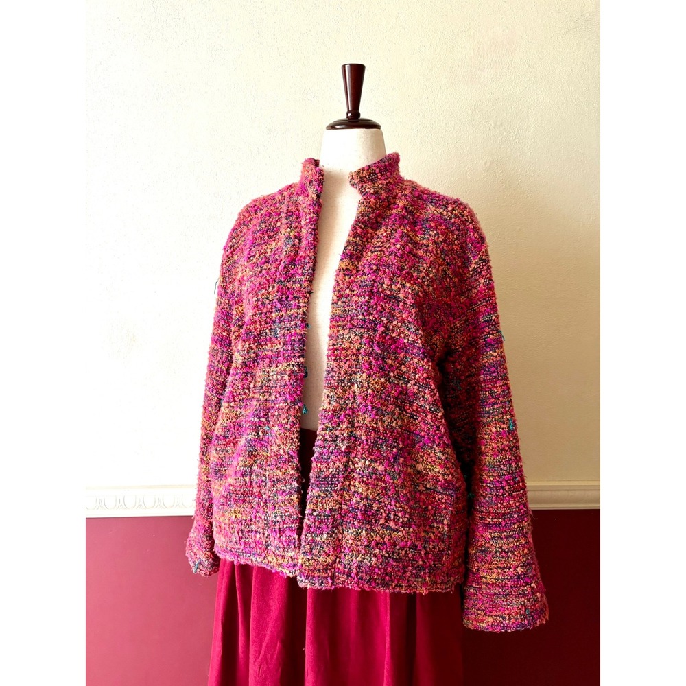 Vintage Chico's Pink Colorful Boucle Knit Open Front Jacket 2 Artsy 90s Bohemian - Picture 2 of 11